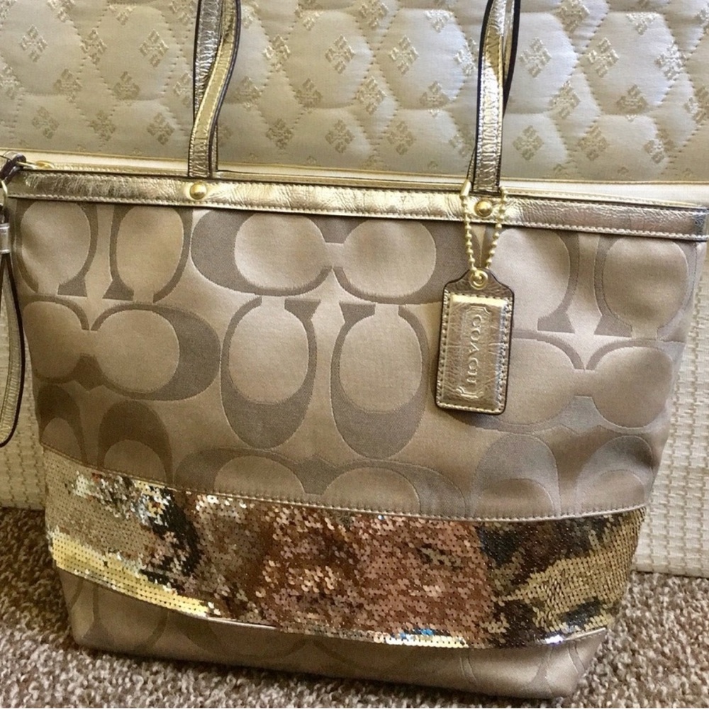Coach Gold Signature Tote with Sequin Stripe